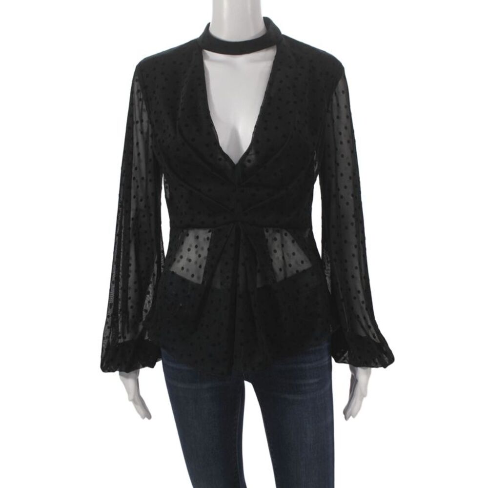 Nicholas Women Black V-Neck Polka Dot Long Sleeve Blouse Size S